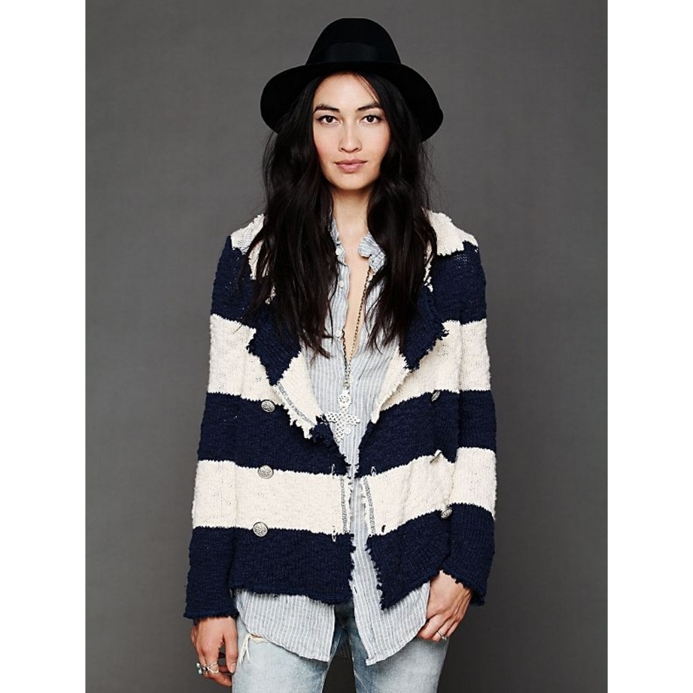 Free People Navy and Cream Striped Sweater